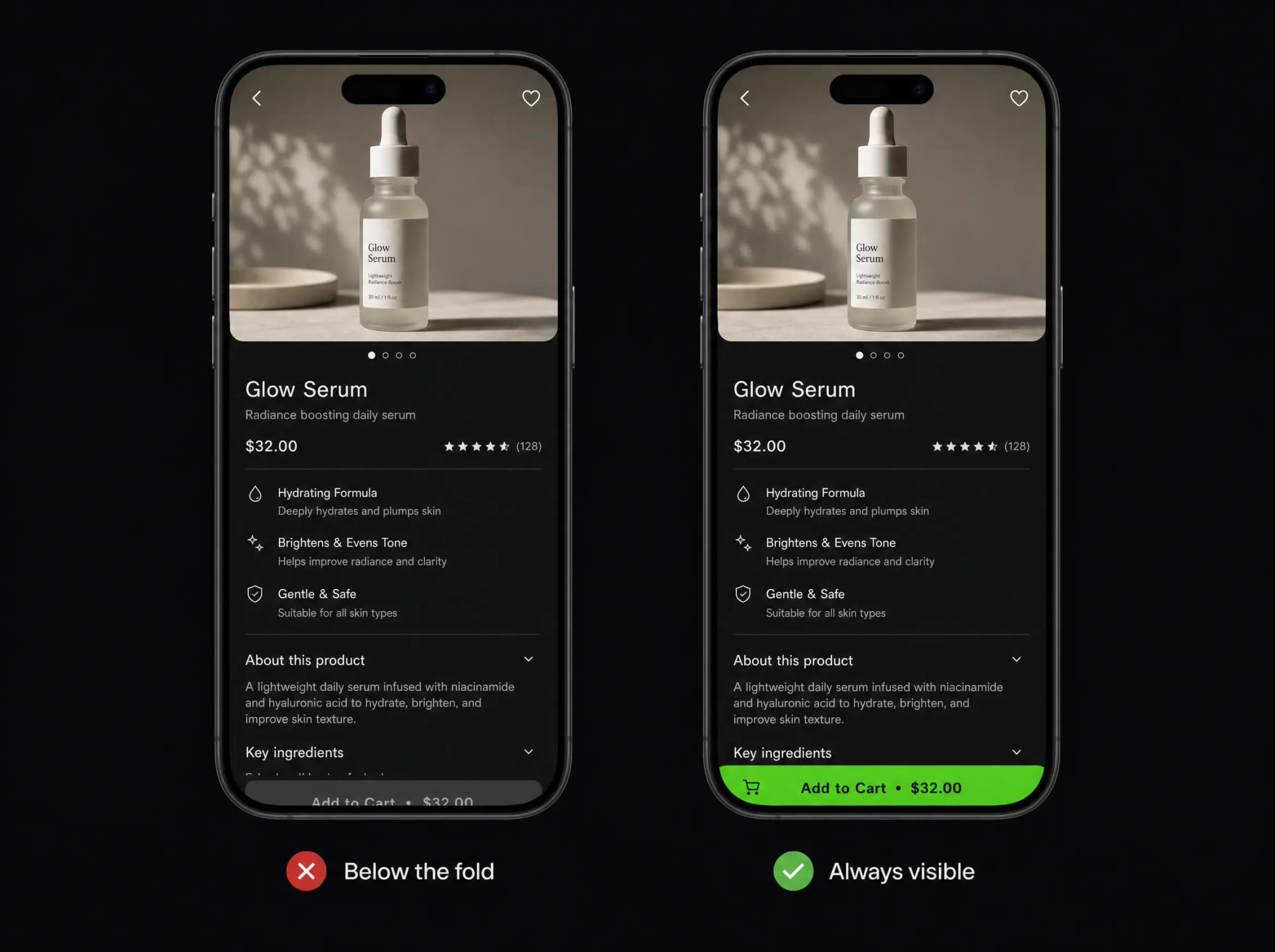Before and after mobile mockups showing add-to-cart hidden versus a sticky add-to-cart bar