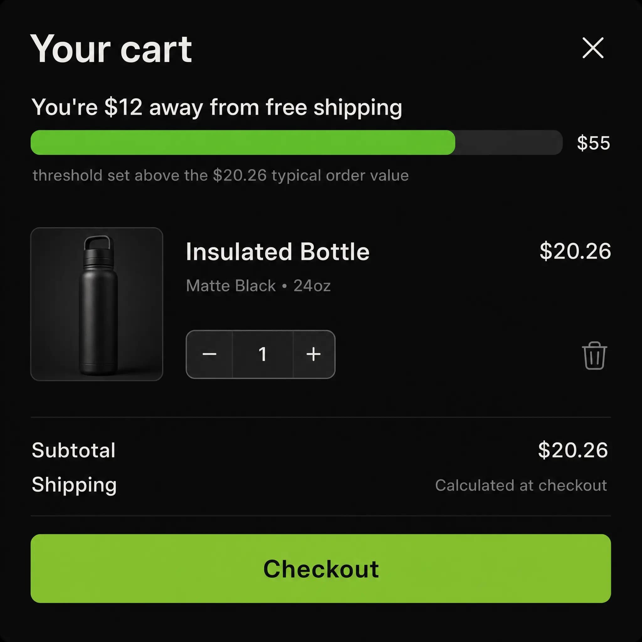 Cart drawer UI with a dynamic free-shipping progress bar reading twelve dollars away