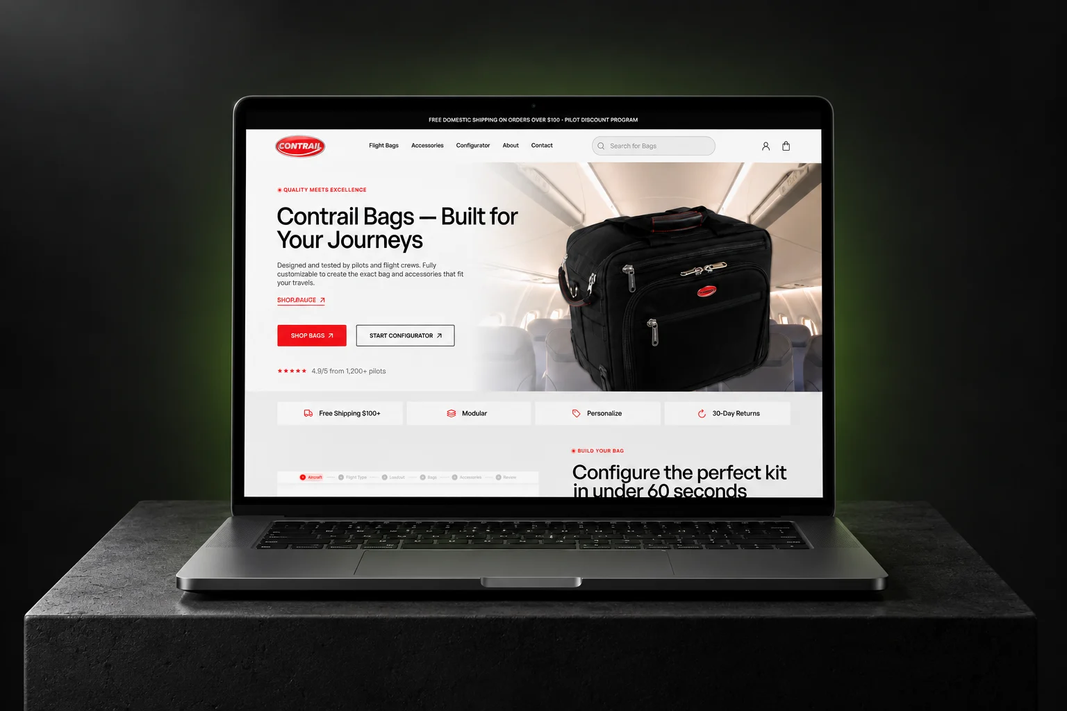 Contrail Bags homepage built by EVDEV on Shopify, with a flight bag in an aircraft cabin and a Start Configurator button