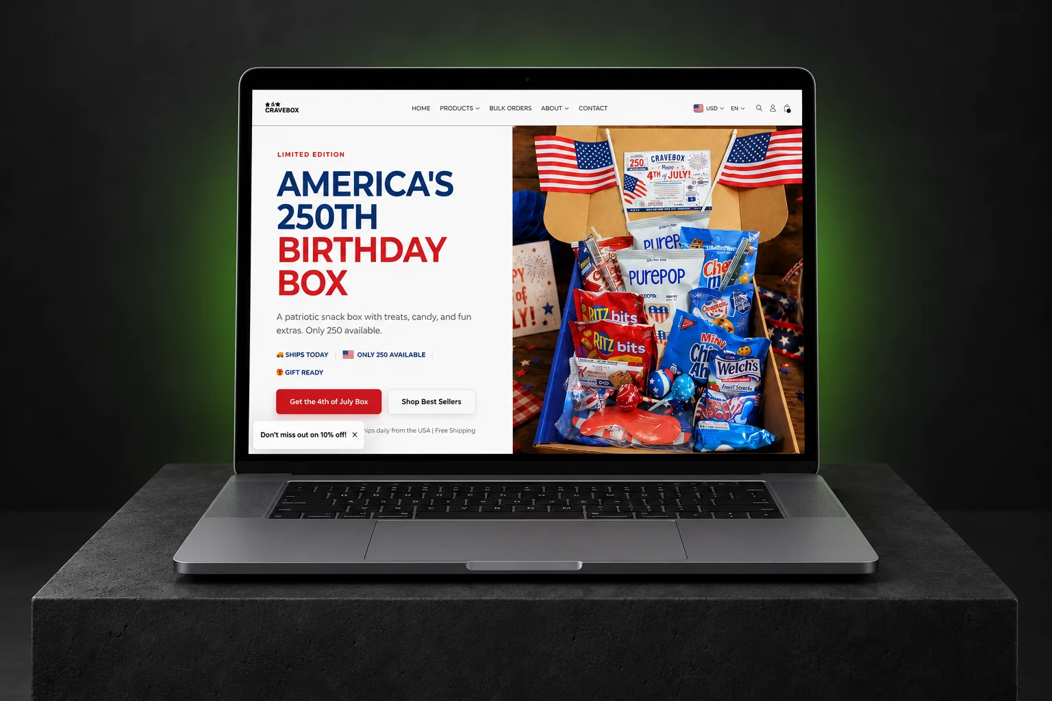 CraveBox snack-box gifting Shopify storefront shown on a desktop mockup, built by EVDEV