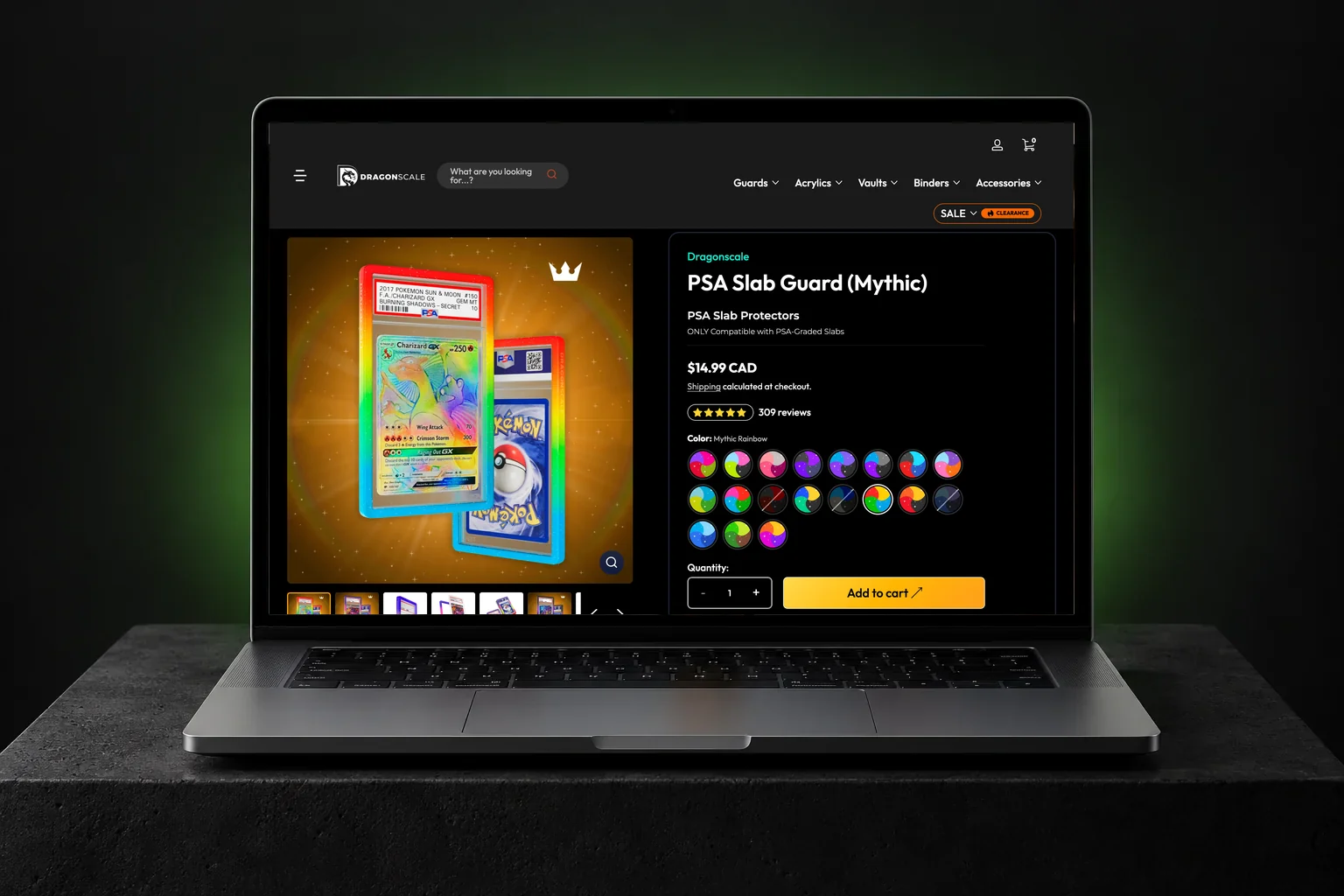 Dragonscale Supplies Shopify store on a laptop, showing the Guards collection with four PSA Mythic guard cards, Paranoia, Infinity, Bewitched and Nightmare, each with a price, quantity stepper and add to cart button | EVDEV